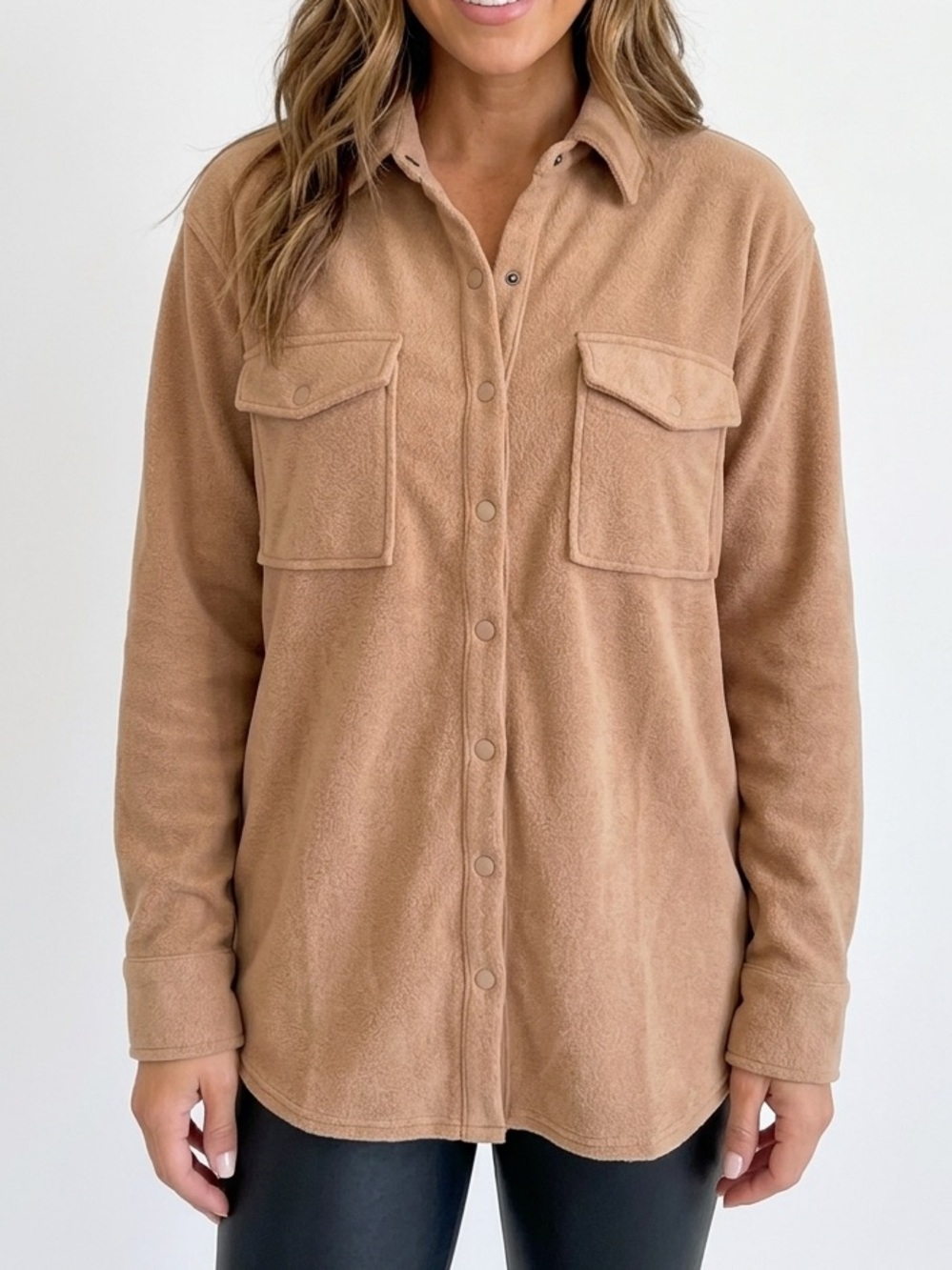 ANTHROPOLOGIE Natural Reflections Camel Tan Fleece Suede Snap Button Down Shirt